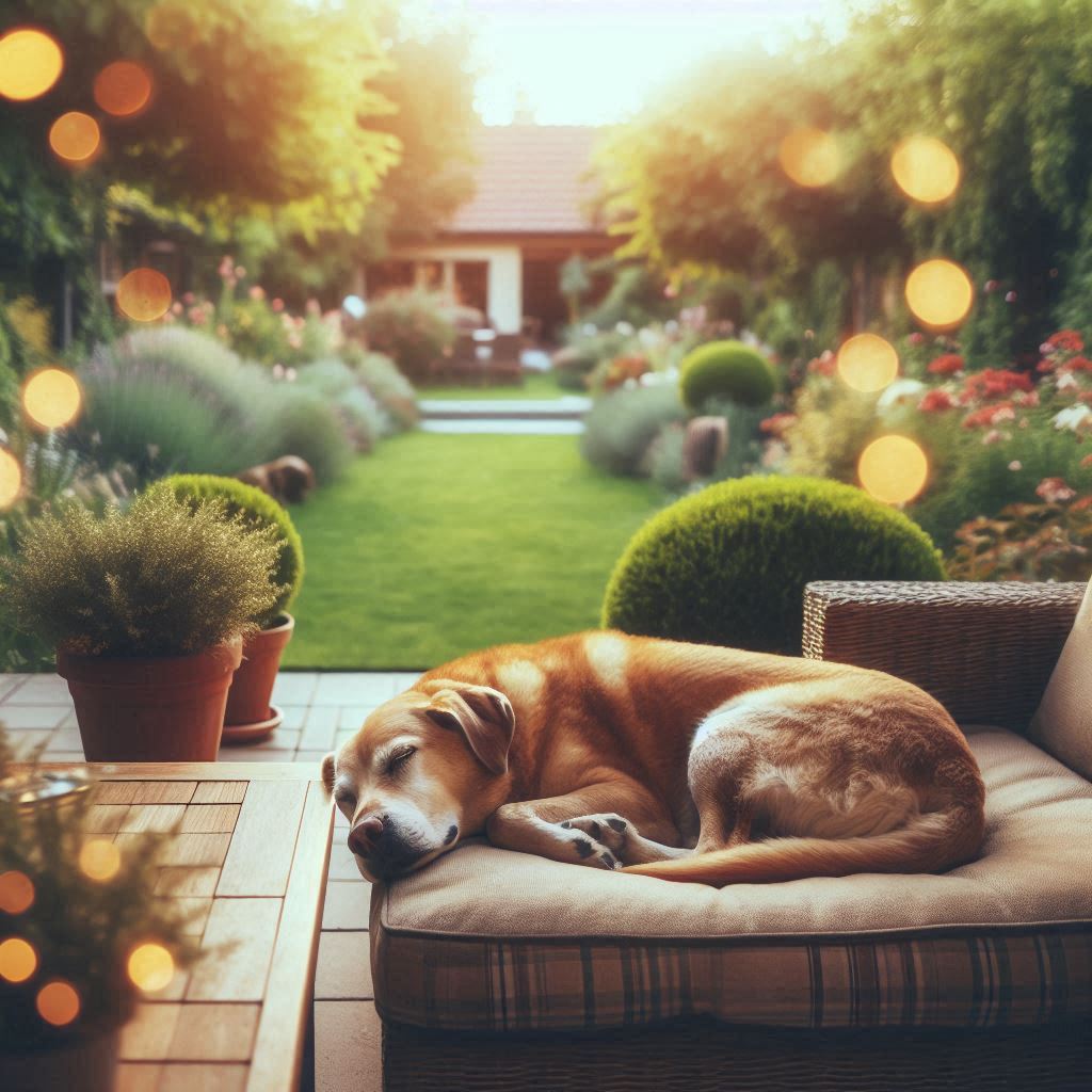 Hund schläft gemütlich in seinem Bett auf einer Terrasse